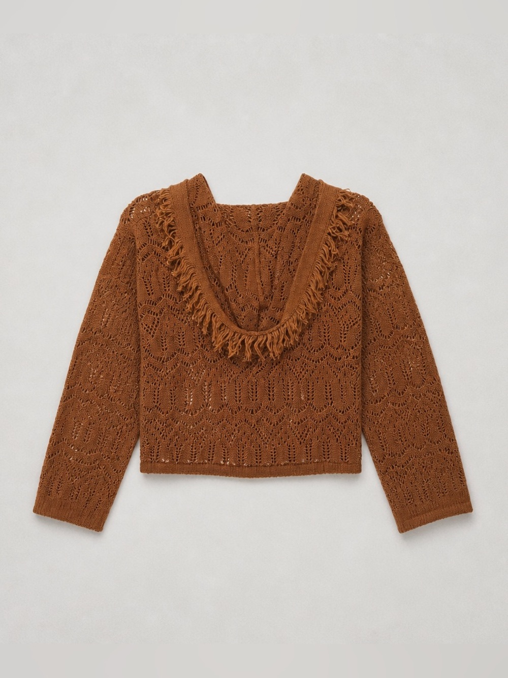 VENUS Crochet Fringe Hooded Pullover Sweater - Brown